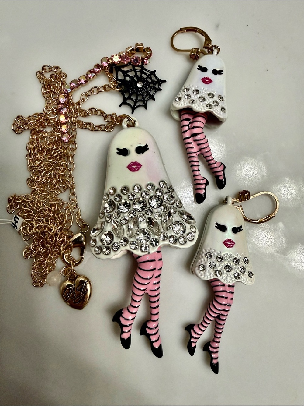 Betsey Johnson White & Pink Crystal Ghost Necklace and Earring Set